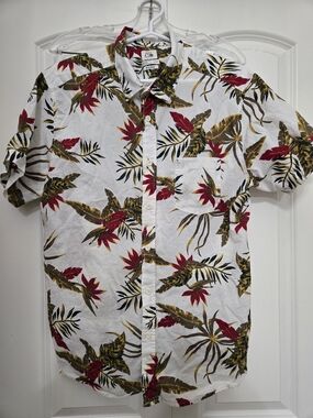 Quicksilver Mens White Floral Short-Sleeve Button-Down Shirt